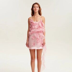 Milla Romantic ruffled pink mini dress with rose appliques, Garden of Eden